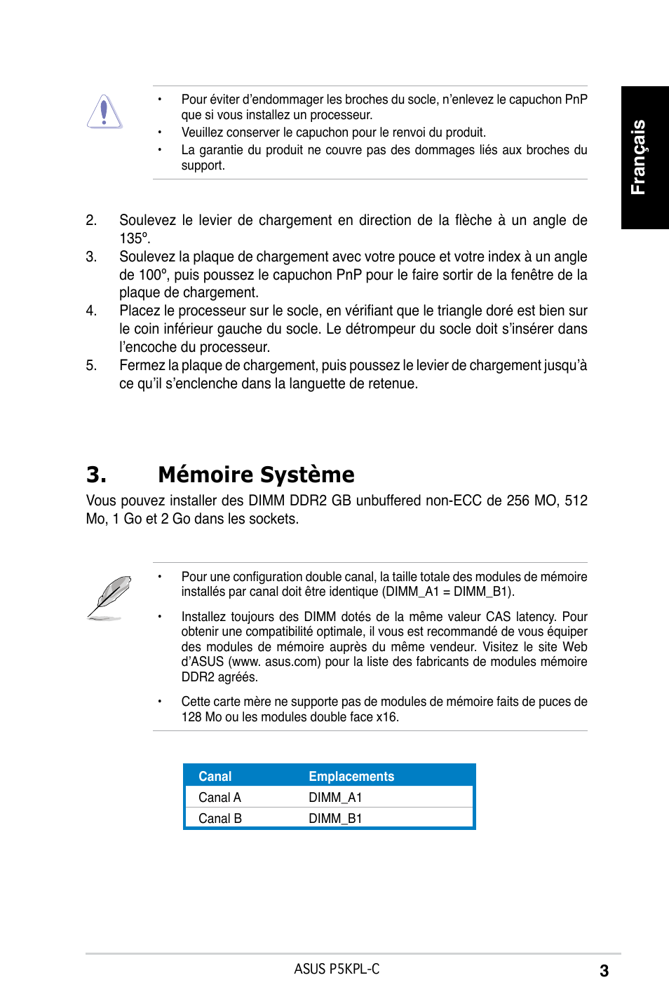 Mémoire système, Français | Asus P5KPL-C User Manual | Page 3 / 38