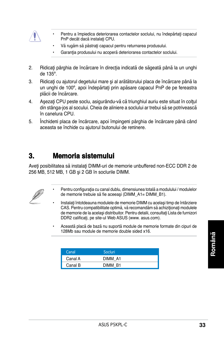 Română | Asus P5KPL-C User Manual | Page 33 / 38