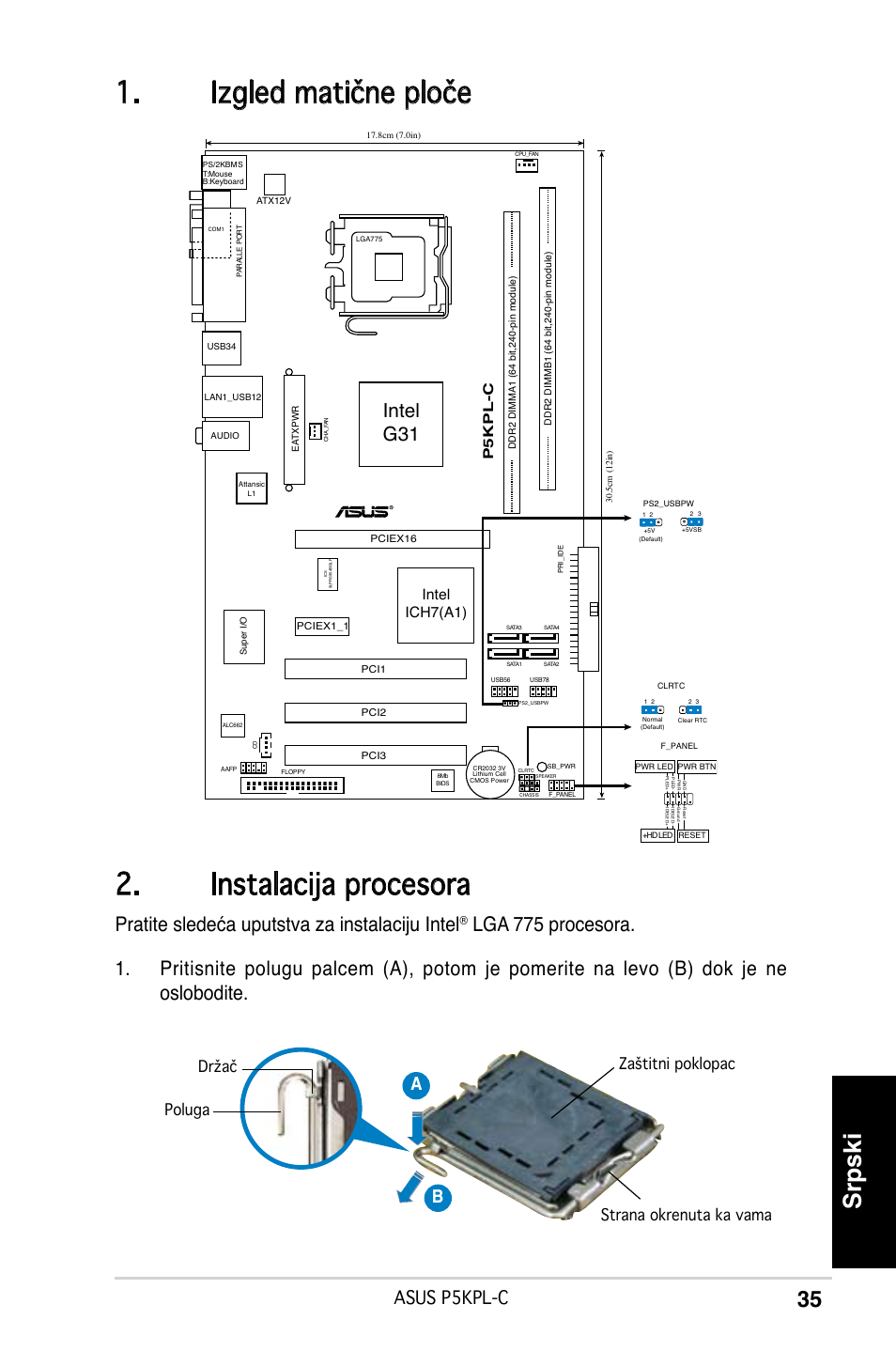 Izgled matične ploče 2. instalacija procesora, Srpski, Pratite sledeća uputstva za instalaciju intel | Intel g31, Asus p5kpl-c, Ab b, Intel ich7(a1), P5kpl-c | Asus P5KPL-C User Manual | Page 35 / 38