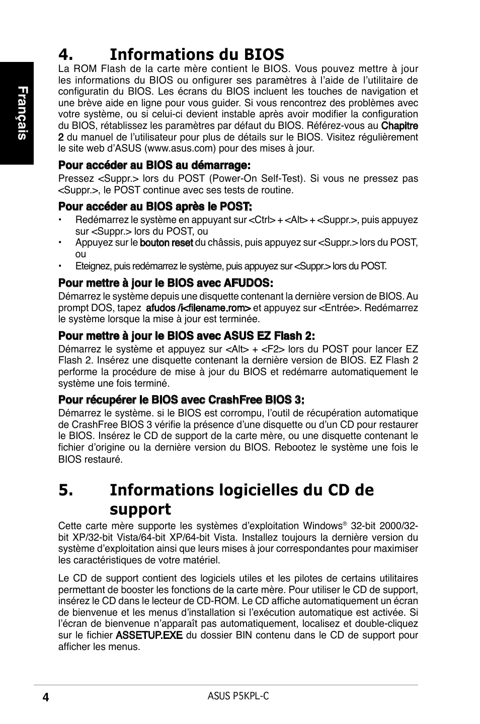 Informations du bios, Informations logicielles du cd de support, Français | Asus P5KPL-C User Manual | Page 4 / 38