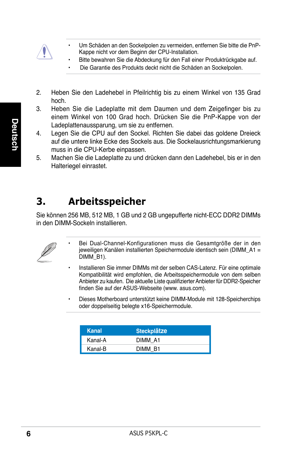 Arbeitsspeicher, Deutsch | Asus P5KPL-C User Manual | Page 6 / 38