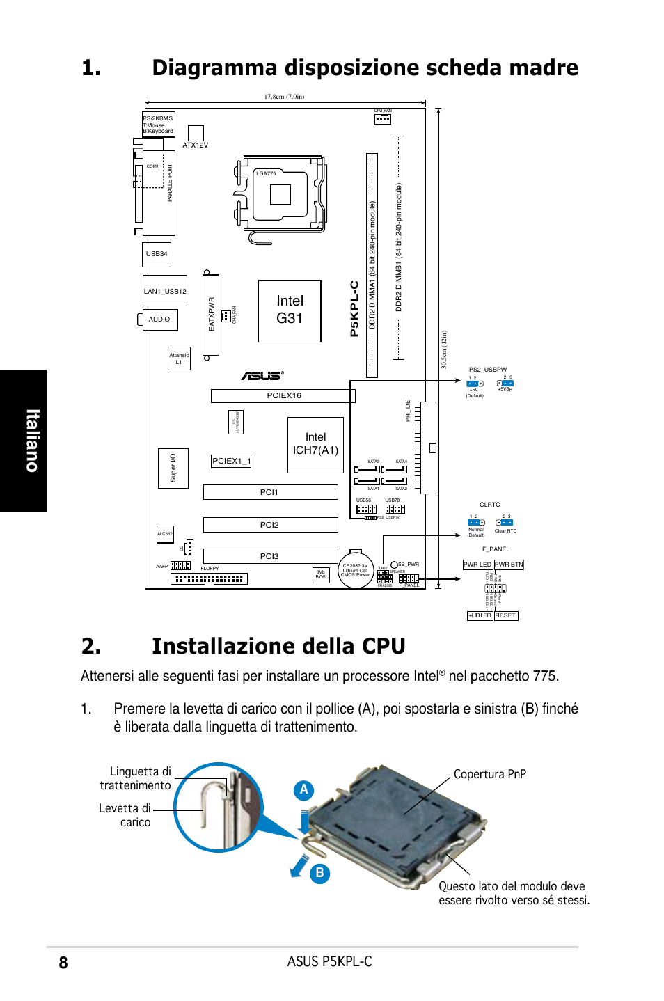 Italiano, Intel g31, Asus p5kpl-c | Ab b, Intel ich7(a1), P5kpl-c | Asus P5KPL-C User Manual | Page 8 / 38