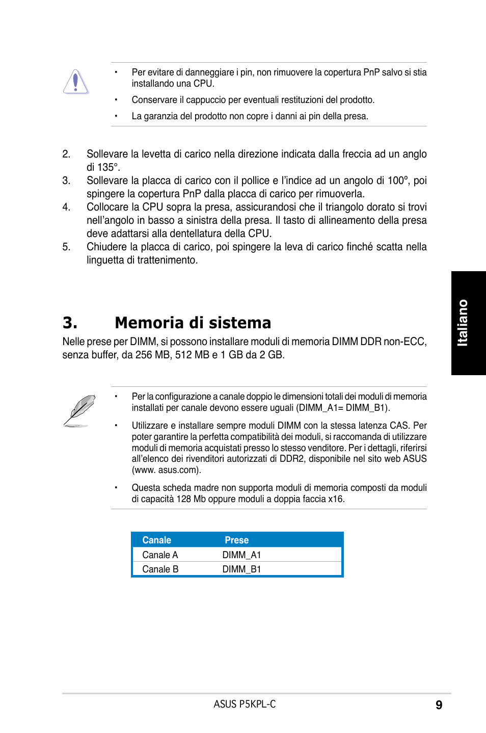 Italiano | Asus P5KPL-C User Manual | Page 9 / 38