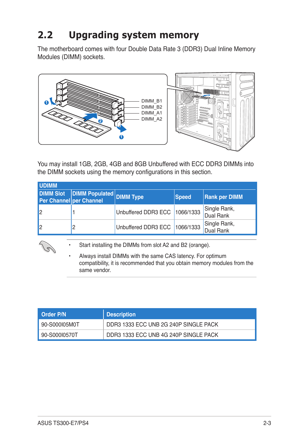 2 upgrading system memory, Upgrading system memory -3 | Asus TS300-E7/PS4 User Manual | Page 15 / 22