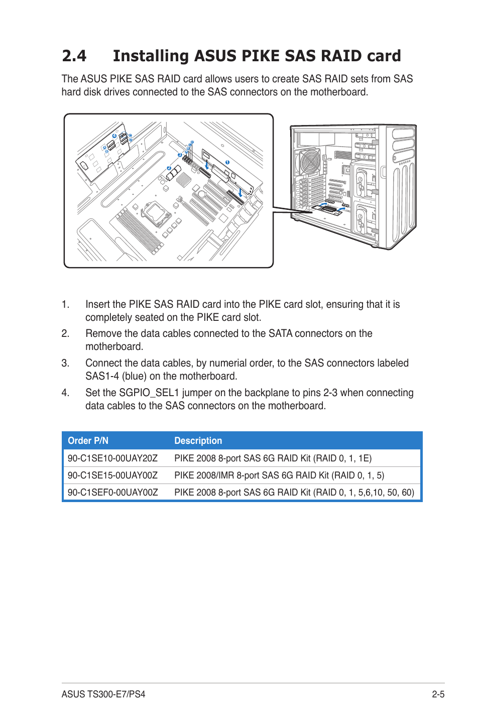 4 installing asus pike sas raid card, Installing asus pike sas raid card -5 | Asus TS300-E7/PS4 User Manual | Page 17 / 22