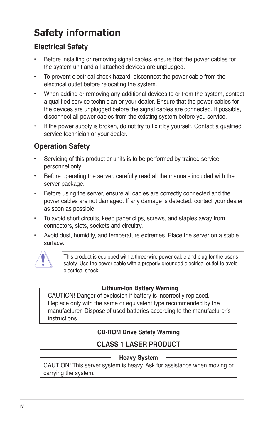 Safety information, Electrical safety, Operation safety | Asus TS300-E7/PS4 User Manual | Page 4 / 22