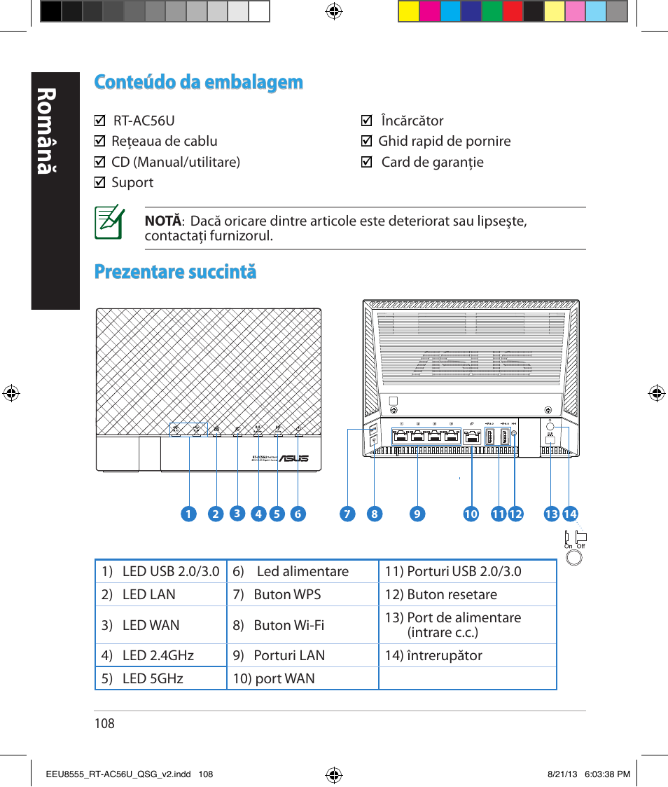 Română, Conteúdo da embalagem, Prezentare succintă | Asus RT-AC56U User Manual | Page 108 / 234