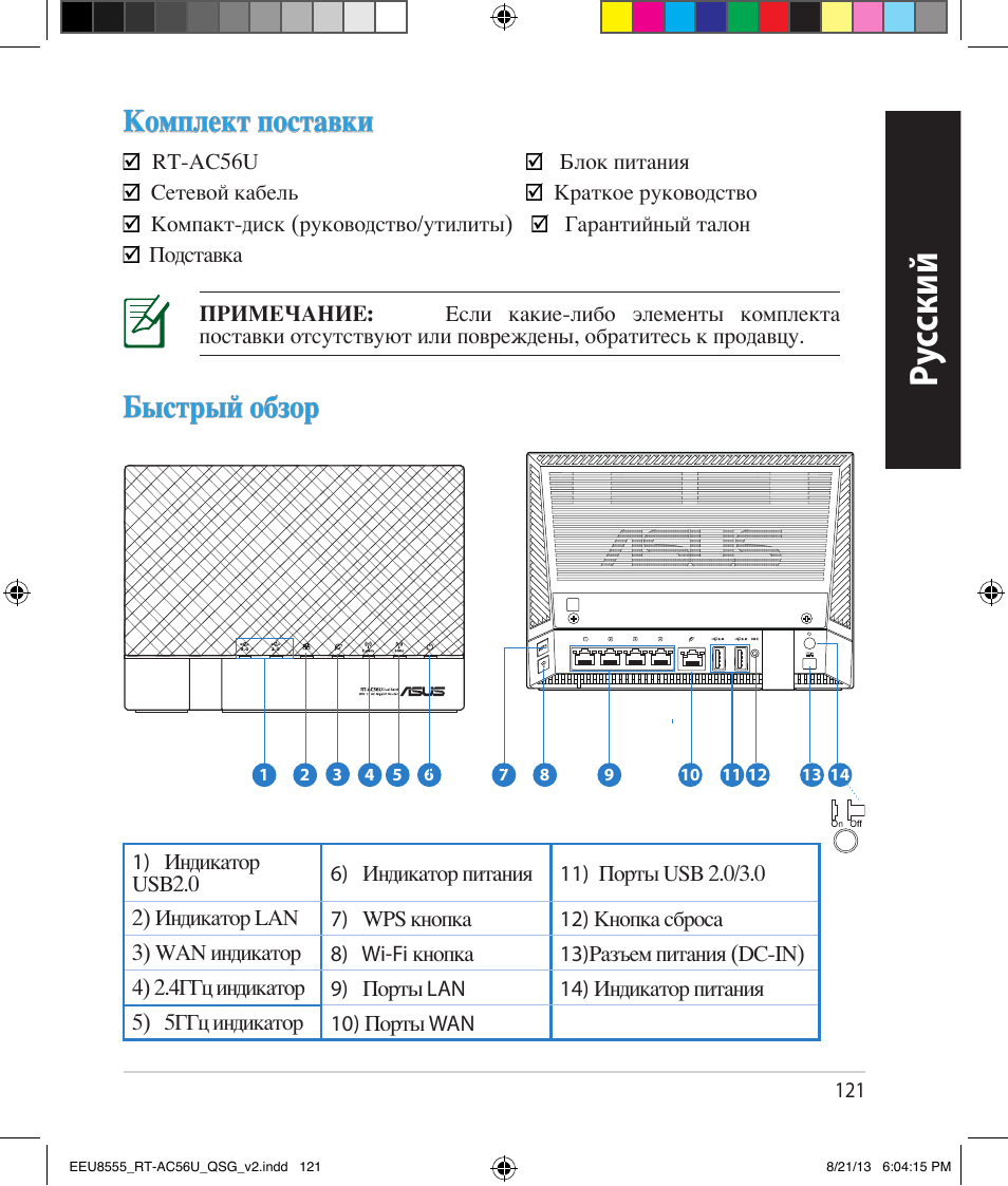 Ру сский, Комплект поставки, Быстрый обзор | Asus RT-AC56U User Manual | Page 121 / 234