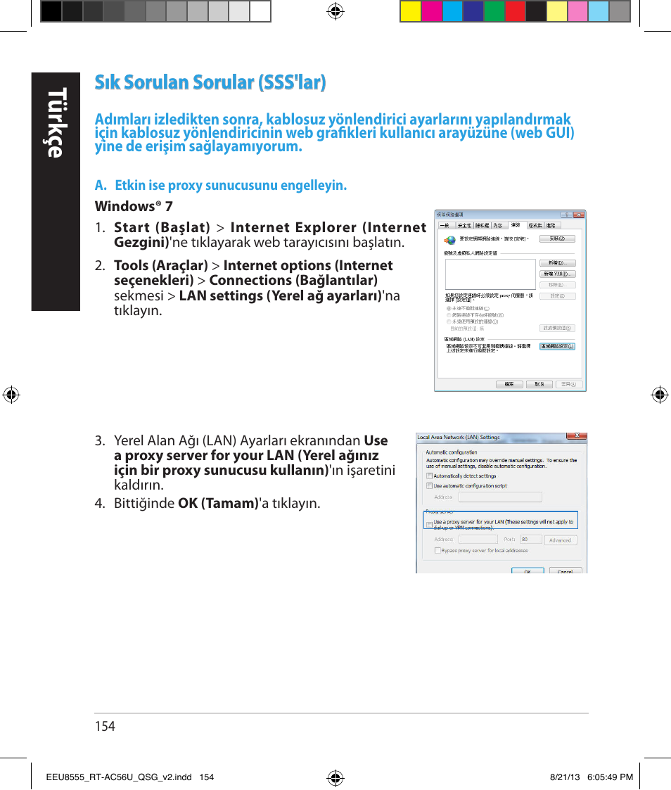 Tür kç e, Sık sorulan sorular (sss'lar) | Asus RT-AC56U User Manual | Page 154 / 234