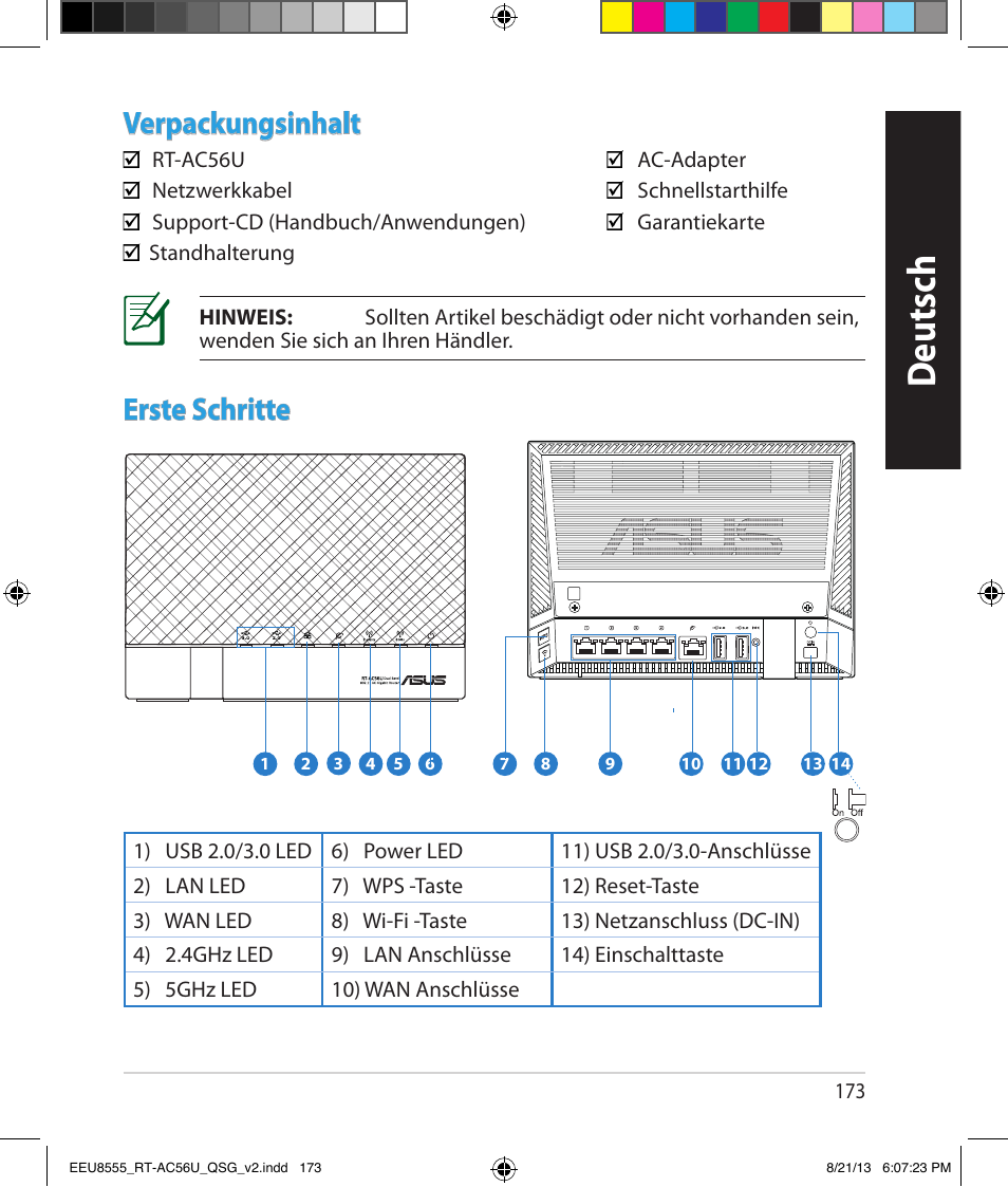 Deutsch, Verpackungsinhalt, Erste schritte | Asus RT-AC56U User Manual | Page 173 / 234