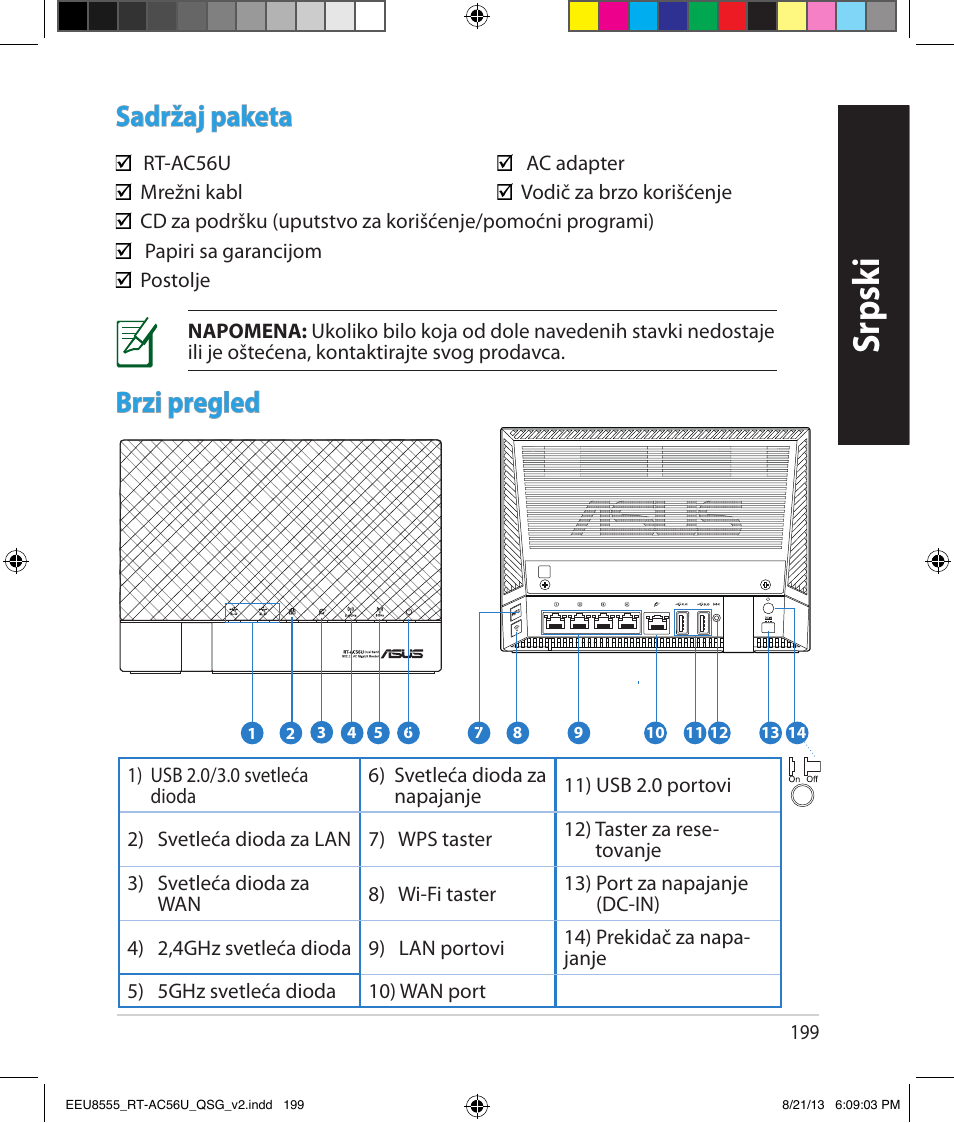 Srpsk i h rv atsk i, Sadržaj paketa, Brzi pregled | Asus RT-AC56U User Manual | Page 199 / 234