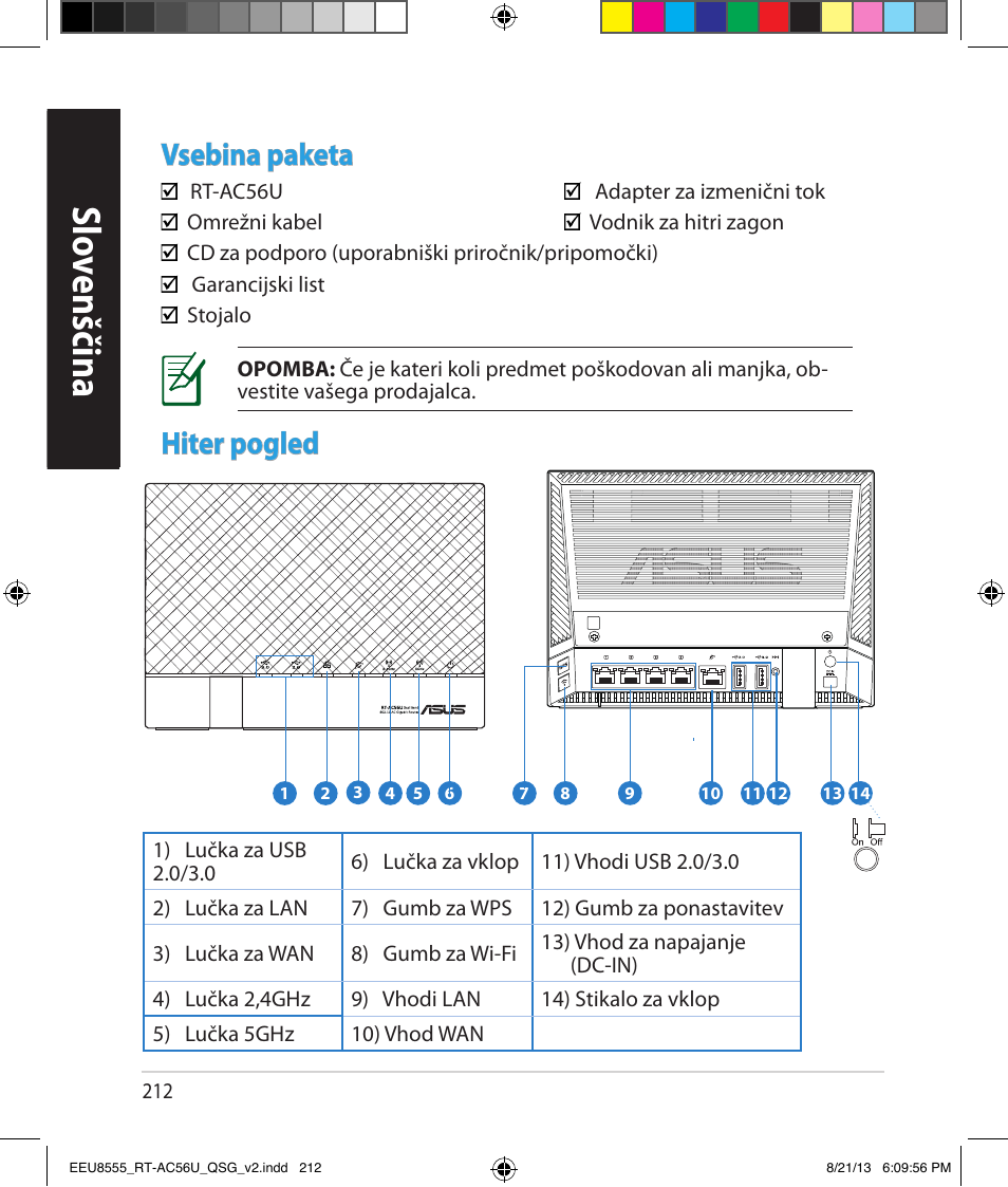 Slo venščina slo venščina, Vsebina paketa, Hiter pogled | Asus RT-AC56U User Manual | Page 212 / 234