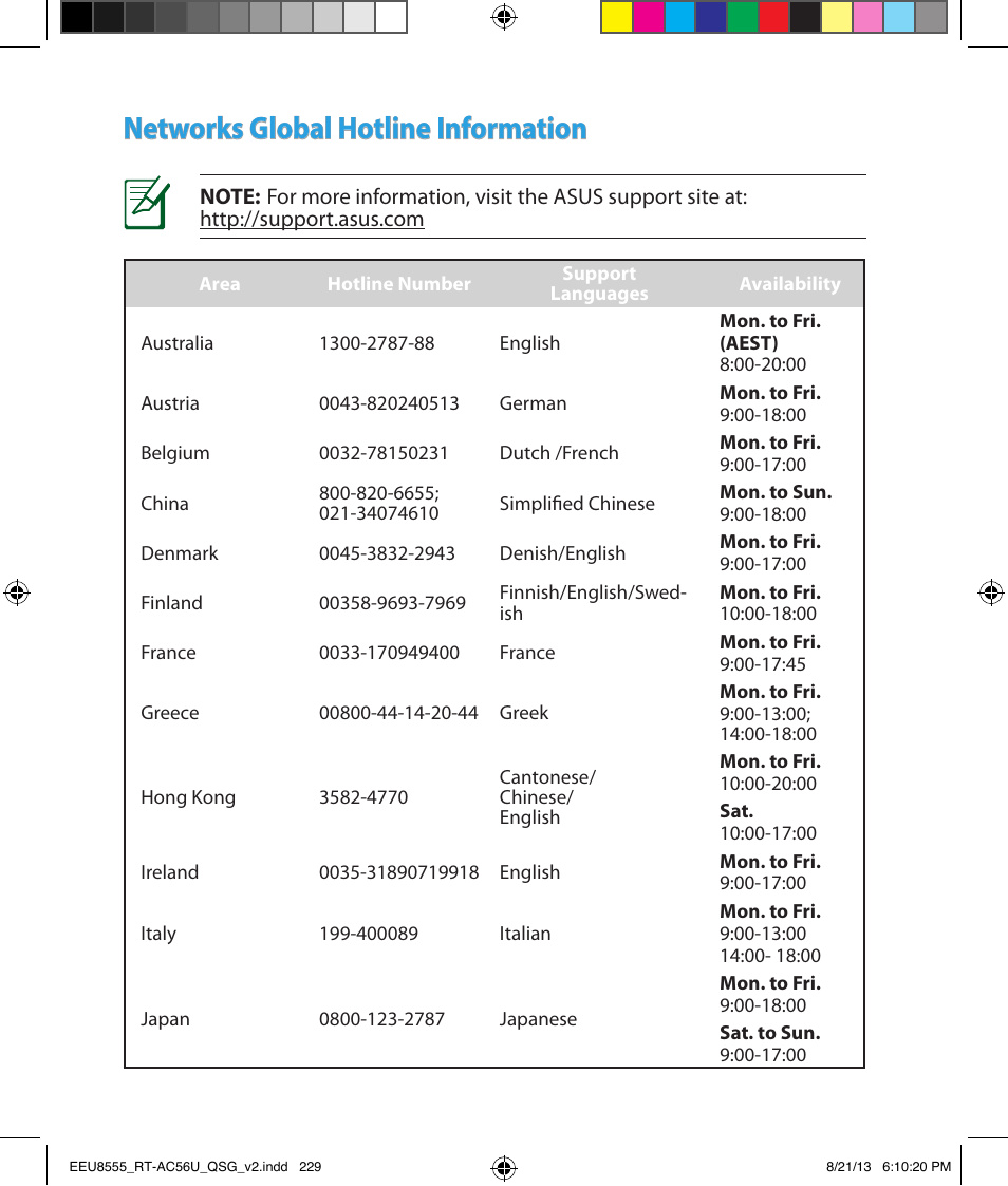 Networks global hotline information | Asus RT-AC56U User Manual | Page 229 / 234