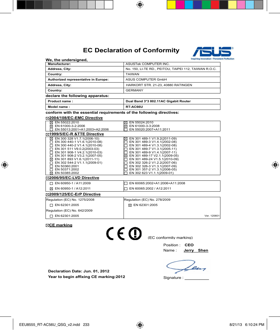 Ec declaration of conformity | Asus RT-AC56U User Manual | Page 233 / 234