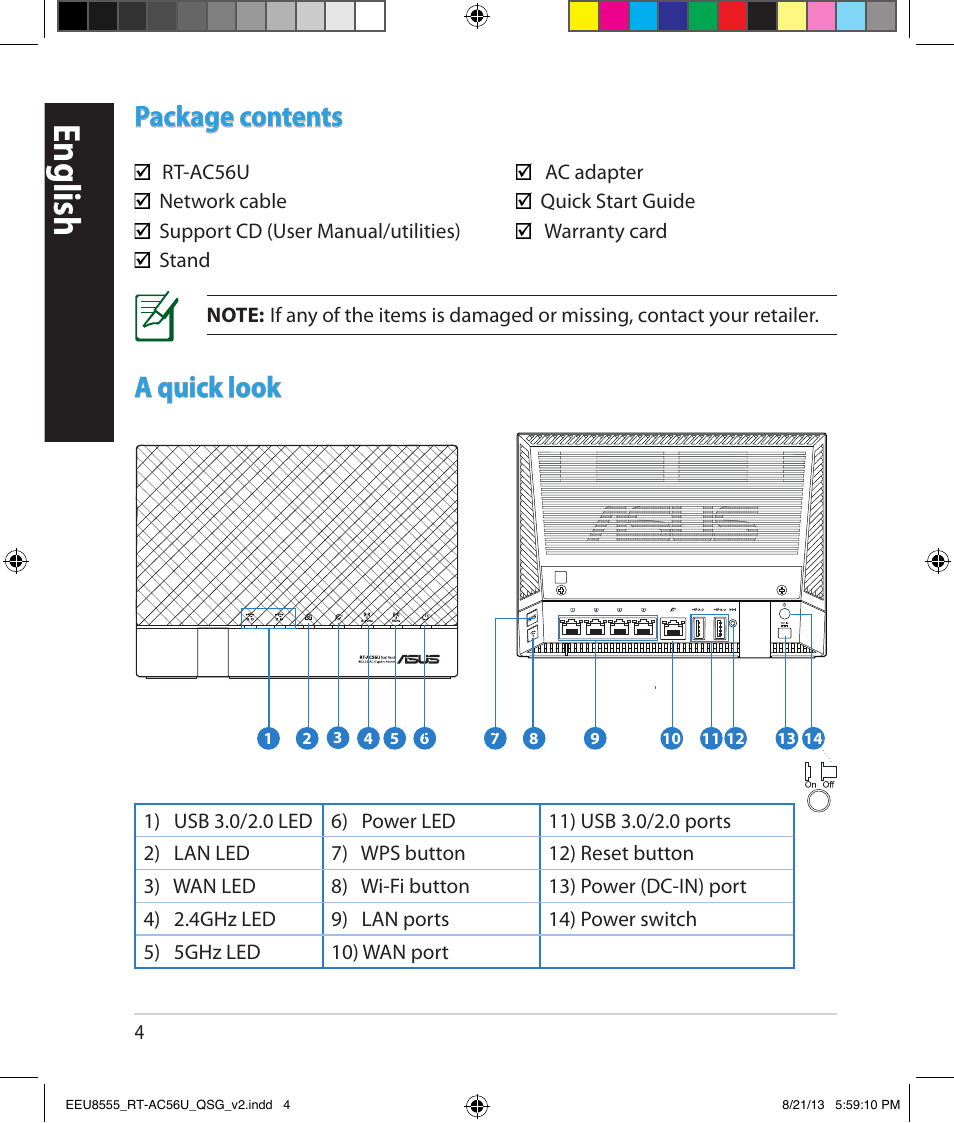 English, Package contents, A quick look | Asus RT-AC56U User Manual | Page 4 / 234