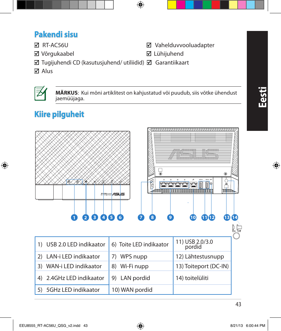 Eesti, Pakendi sisu, Kiire pilguheit | Asus RT-AC56U User Manual | Page 43 / 234