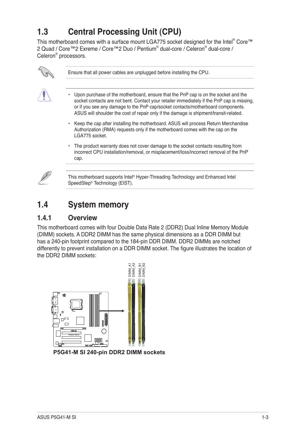 3 central processing unit (cpu), 4 system memory, 1 overview | Central processing unit (cpu) -3, System memory -3 1.4.1, Overview -3 | Asus P5G41-M SI/VGA User Manual | Page 13 / 44