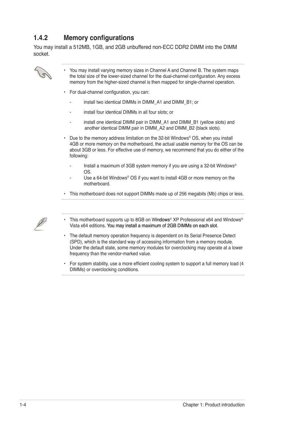 2 memory configurations, Memory configurations -4 | Asus P5G41-M SI/VGA User Manual | Page 14 / 44