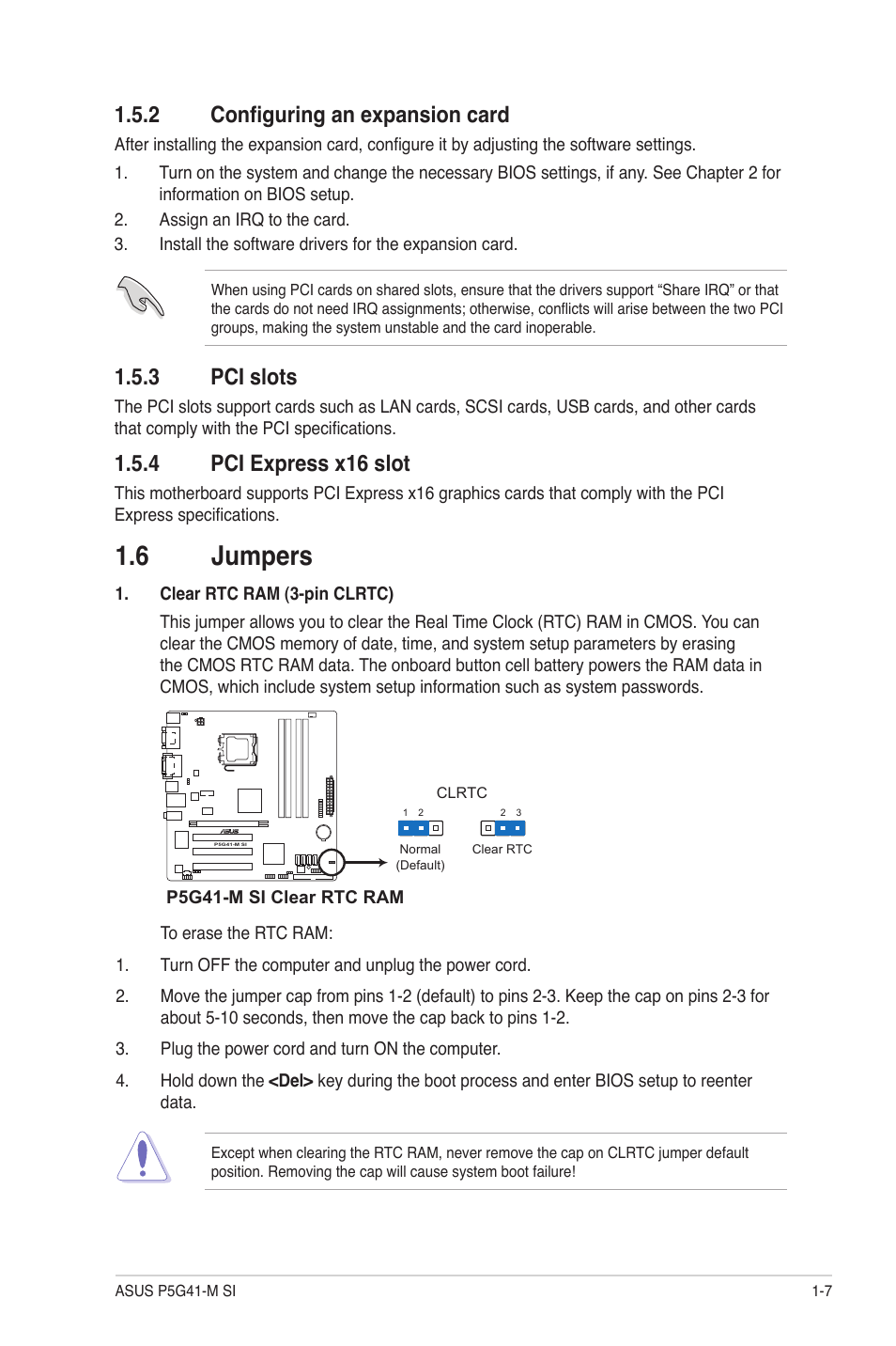 2 configuring an expansion card, 3 pci slots, 4 pci express x16 slot | 6 jumpers, Configuring an expansion card -7, Pci slots -7, Pci express x16 slot -7, Jumpers -7 | Asus P5G41-M SI/VGA User Manual | Page 17 / 44