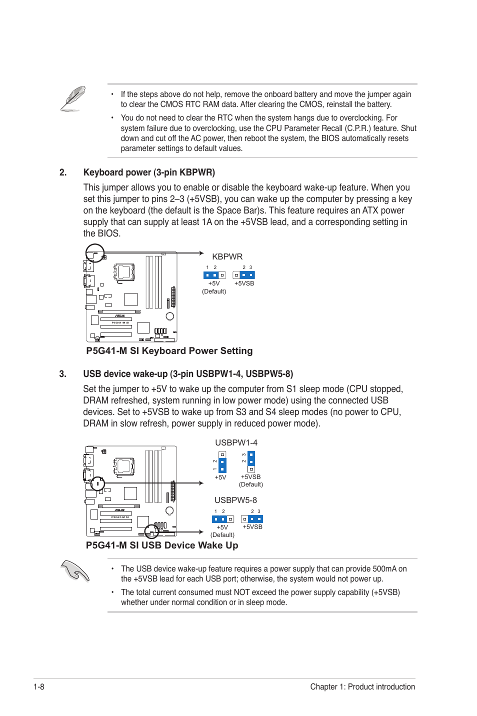 P5g41-m si keyboard power setting, P5g41-m si usb device wake up | Asus P5G41-M SI/VGA User Manual | Page 18 / 44