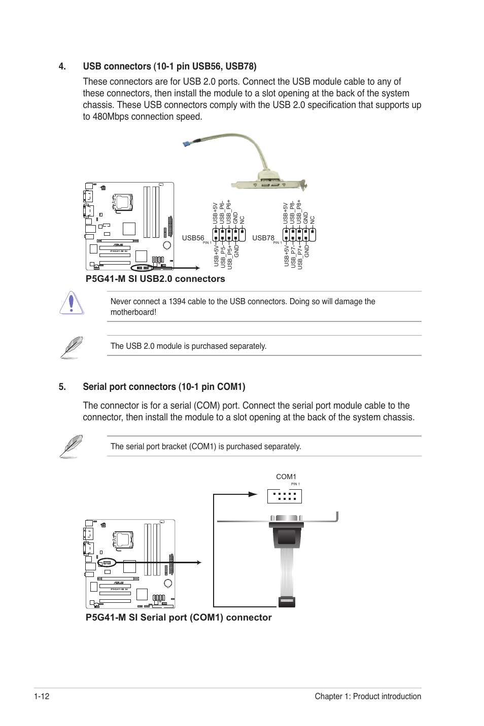 P5g41-m si serial port (com1) connector | Asus P5G41-M SI/VGA User Manual | Page 22 / 44