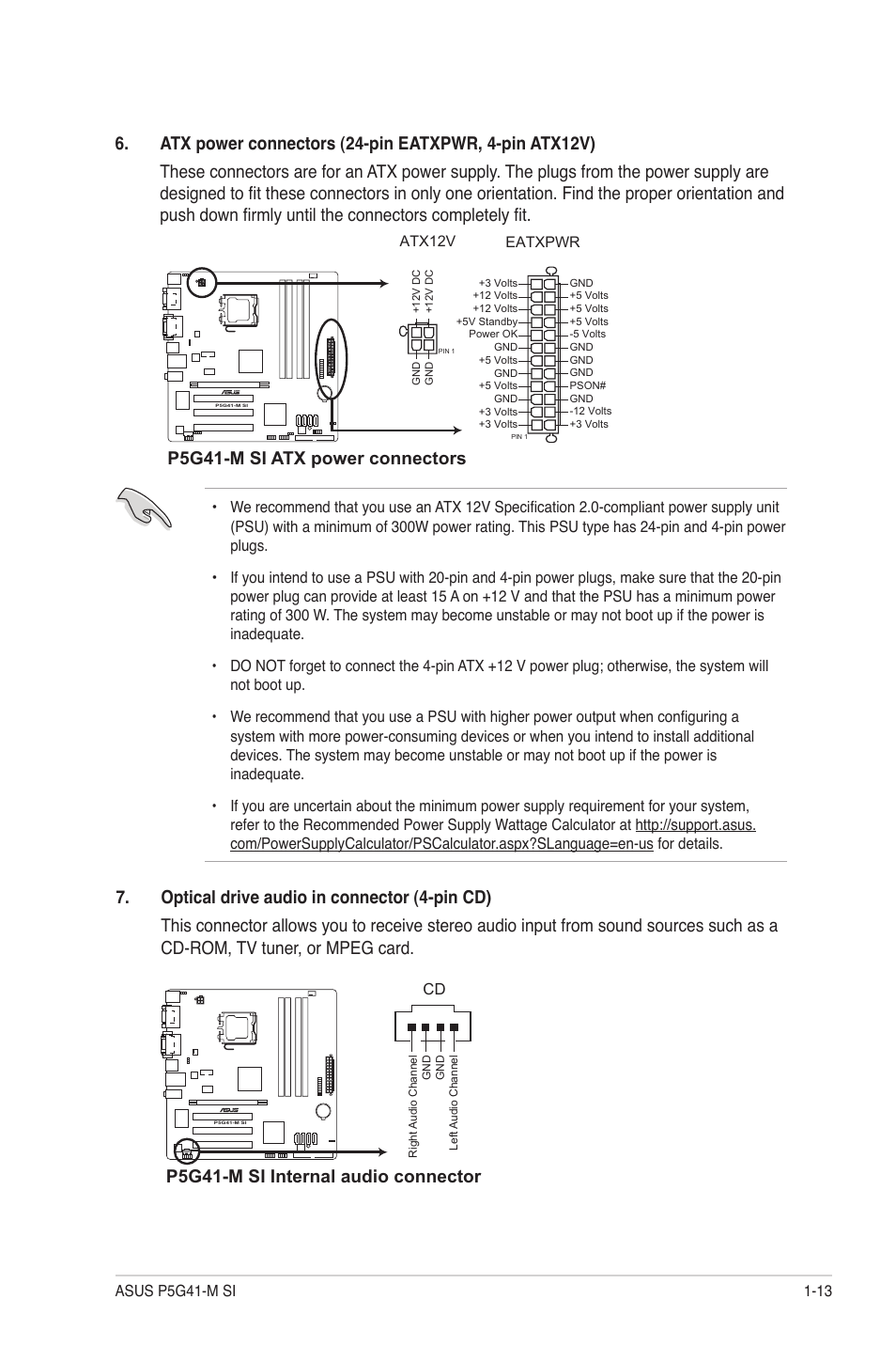 P5g41-m si atx power connectors, P5g41-m si internal audio connector | Asus P5G41-M SI/VGA User Manual | Page 23 / 44