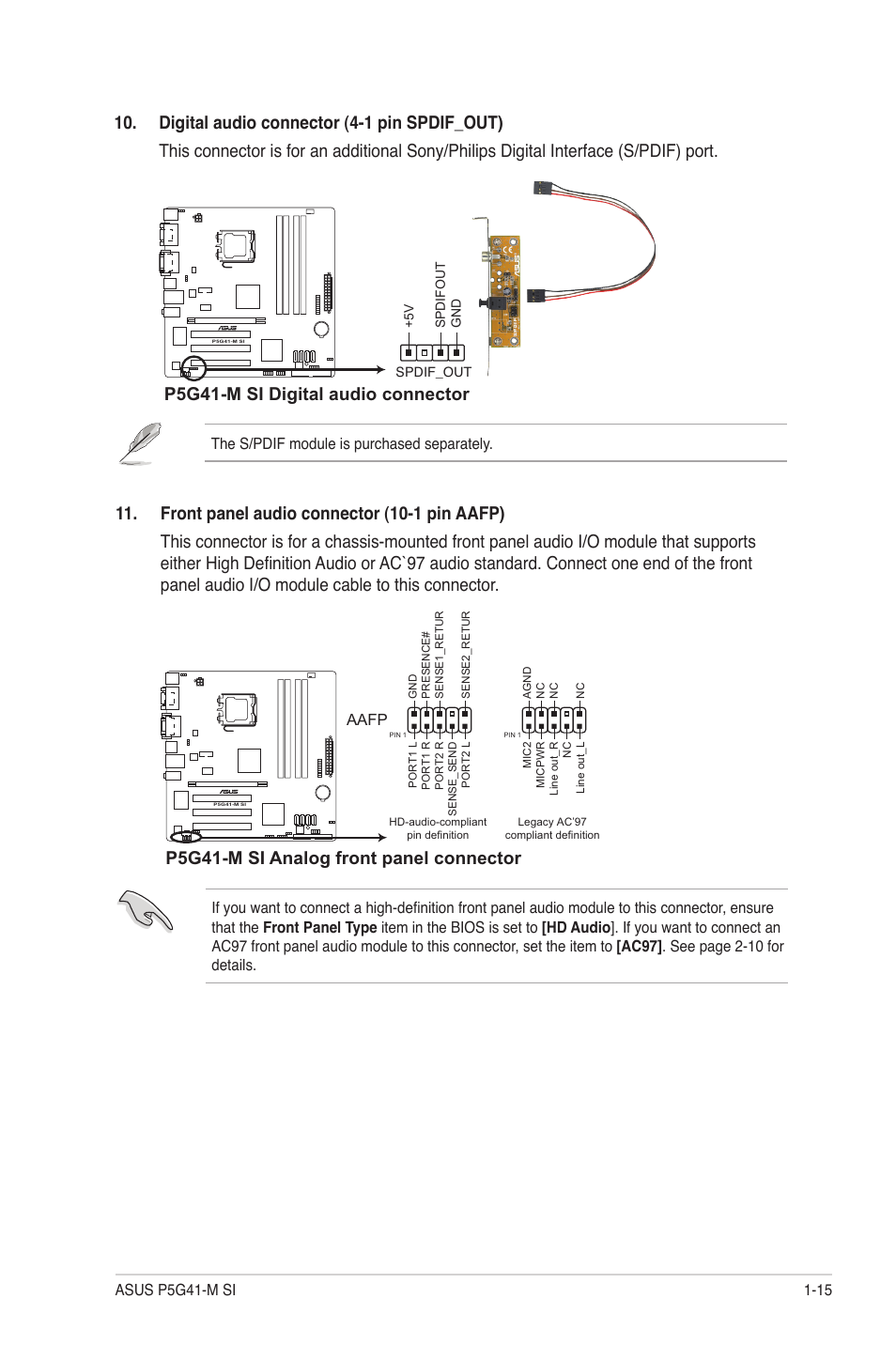 P5g41-m si digital audio connector, P5g41-m si analog front panel connector | Asus P5G41-M SI/VGA User Manual | Page 25 / 44