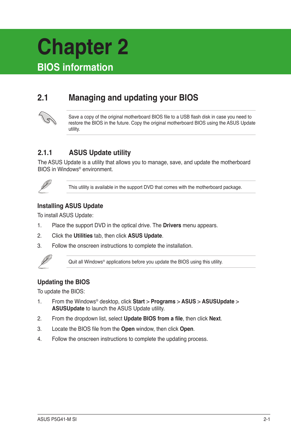 Bios information, 1 managing and updating your bios, 1 asus update utility | Managing and updating your bios -1 2.1.1, Asus update utility -1, Chapter 2 | Asus P5G41-M SI/VGA User Manual | Page 27 / 44