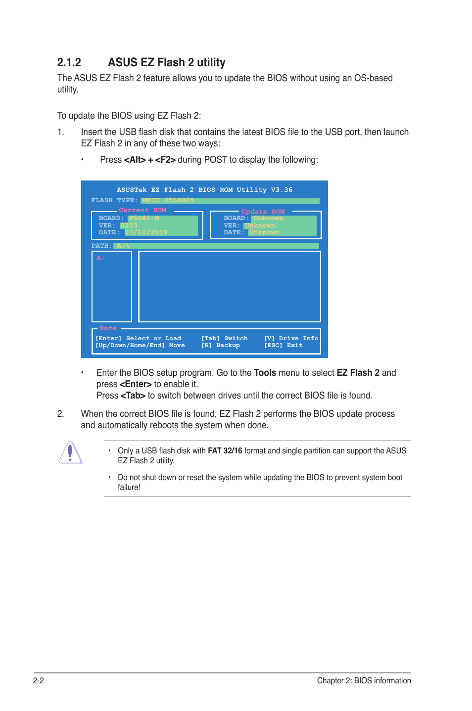 2 asus ez flash 2 utility, Asus ez flash 2 utility -2 | Asus P5G41-M SI/VGA User Manual | Page 28 / 44