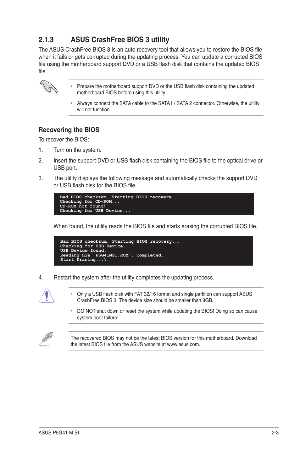 3 asus crashfree bios 3 utility, Asus crashfree bios 3 utility -3, Recovering the bios | Asus P5G41-M SI/VGA User Manual | Page 29 / 44