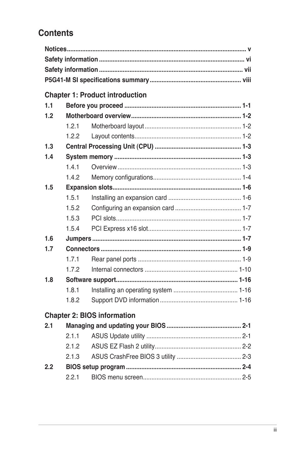 Asus P5G41-M SI/VGA User Manual | Page 3 / 44