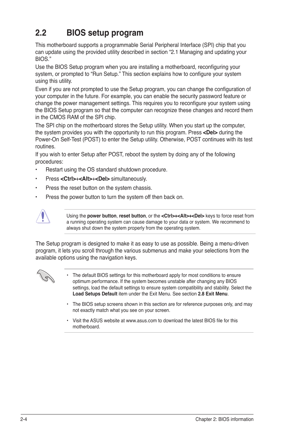 2 bios setup program, Bios setup program -4 | Asus P5G41-M SI/VGA User Manual | Page 30 / 44