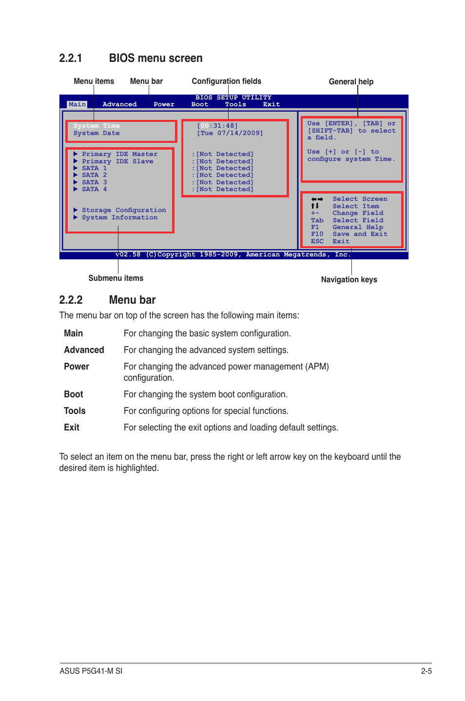 1 bios menu screen, 2 menu bar, Bios menu screen -5 | Menu bar -5 | Asus P5G41-M SI/VGA User Manual | Page 31 / 44