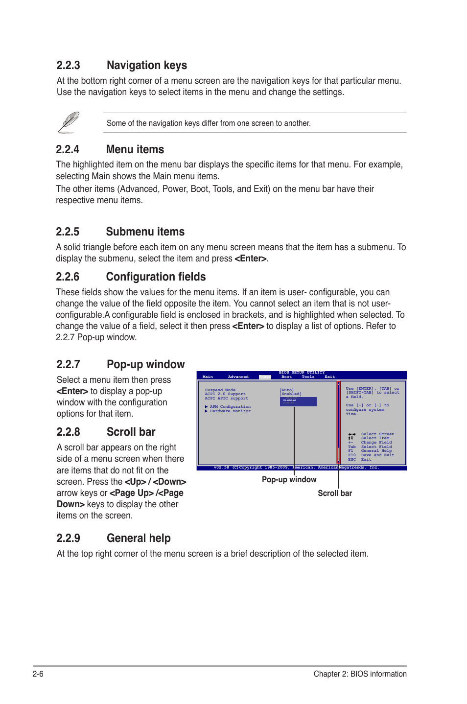 3 navigation keys, 4 menu items, 5 submenu items | 6 configuration fields, 7 pop-up window, 8 scroll bar, 9 general help, Navigation keys -6, Menu items -6, Submenu items -6 | Asus P5G41-M SI/VGA User Manual | Page 32 / 44