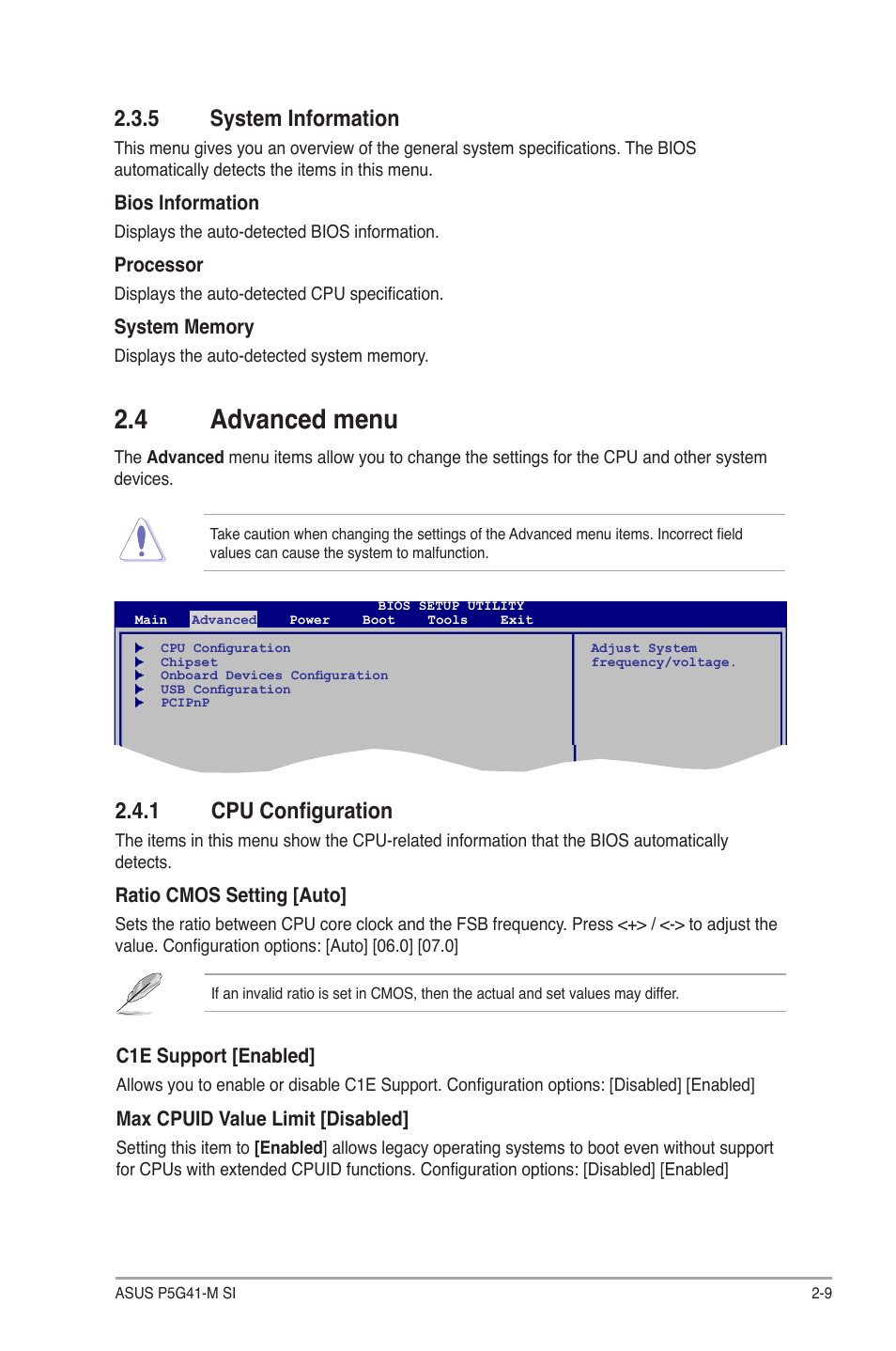 5 system information, 4 advanced menu, 1 cpu configuration | System information -9, Advanced menu -9 2.4.1, Cpu configuration -9 | Asus P5G41-M SI/VGA User Manual | Page 35 / 44