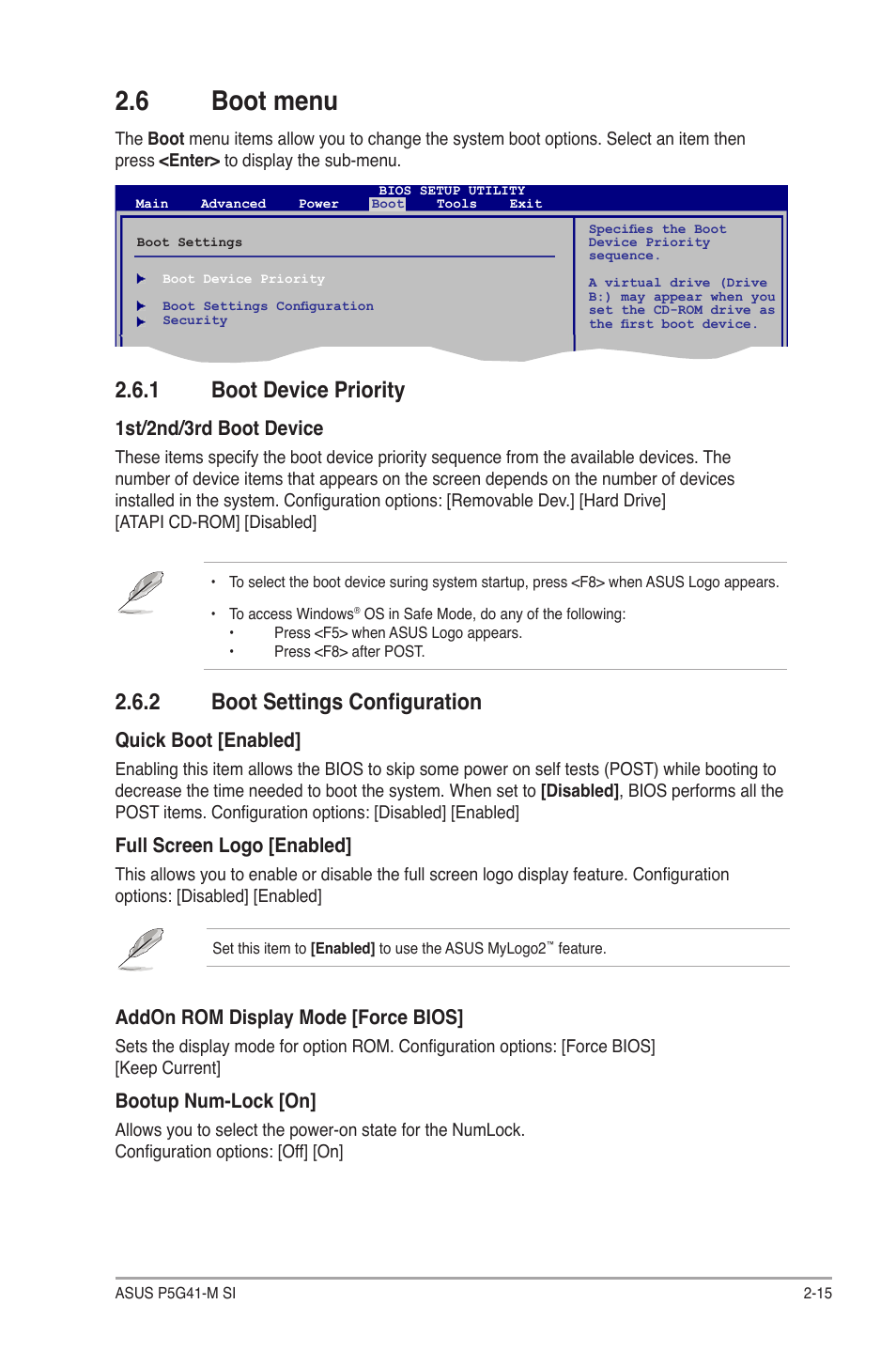 6 boot menu, 1 boot device priority, 2 boot settings configuration | Boot menu -15 2.6.1, Boot device priority -15, Boot settings configuration -15, 1st/2nd/3rd boot device, Quick boot [enabled, Full screen logo [enabled, Addon rom display mode [force bios | Asus P5G41-M SI/VGA User Manual | Page 41 / 44