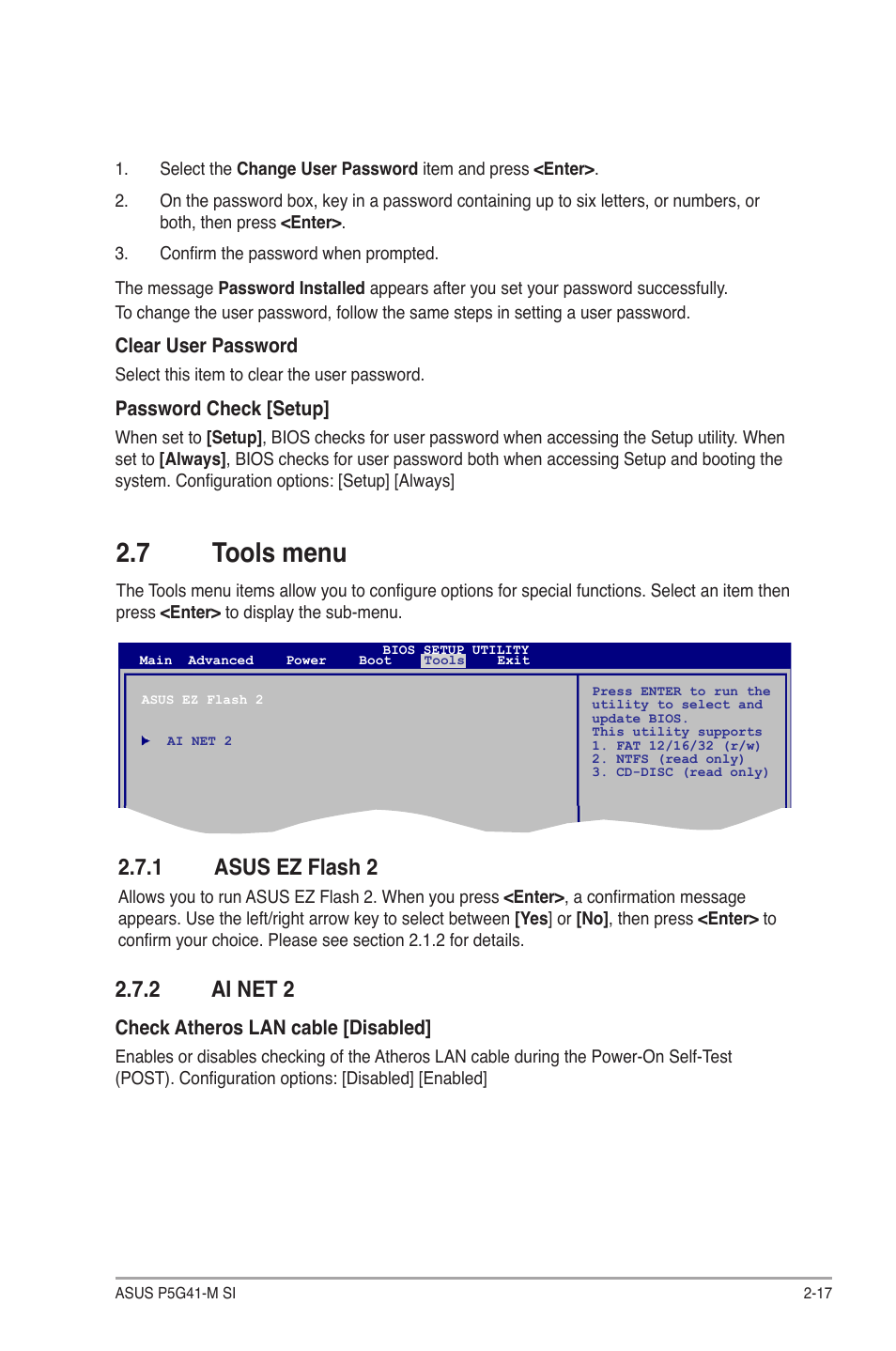 7 tools menu, 1 asus ez flash 2, 2 ai net 2 | Tools menu -17 2.7.1, Asus ez flash 2 -17, Ai net 2 -17 | Asus P5G41-M SI/VGA User Manual | Page 43 / 44