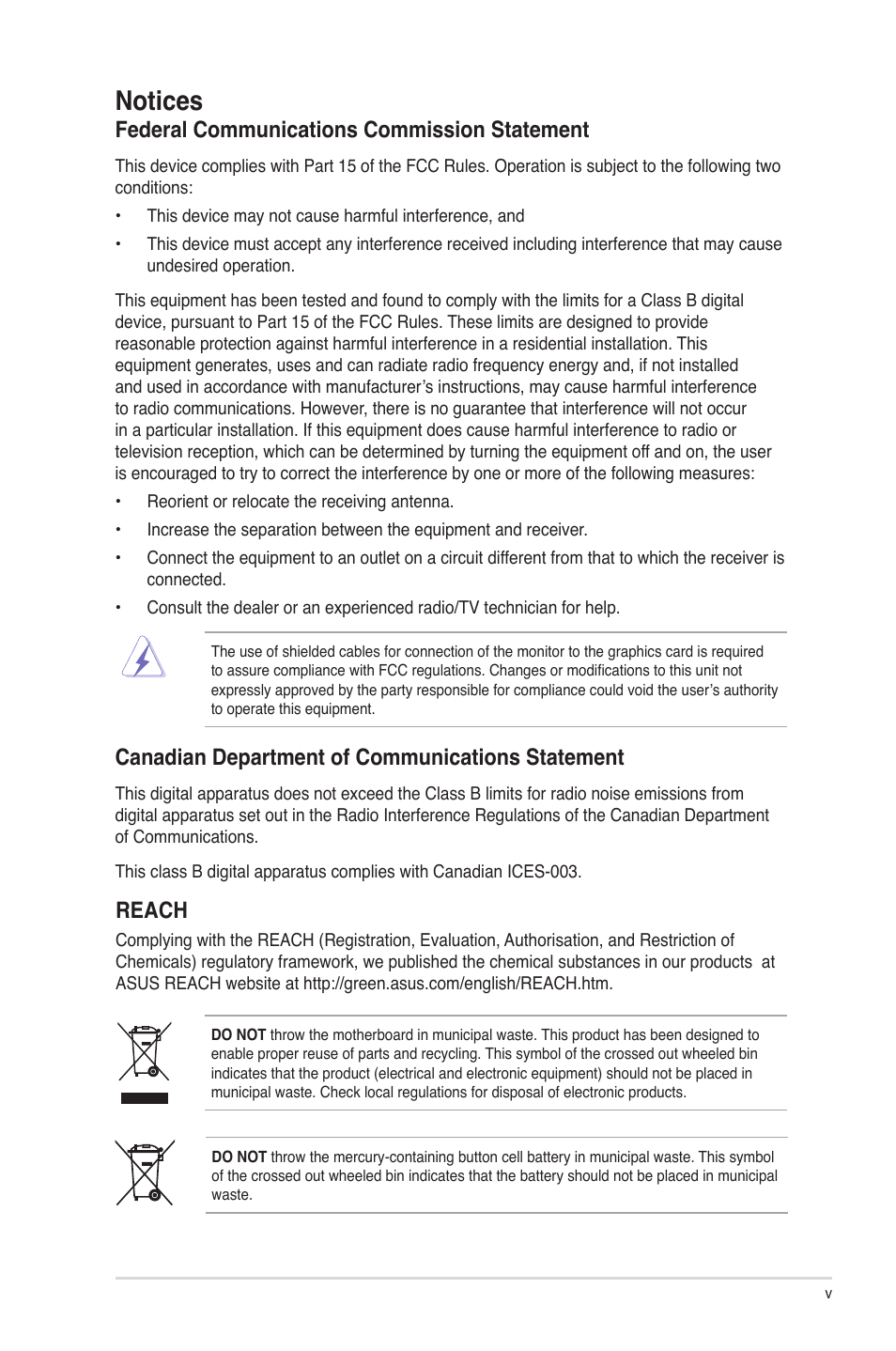 Notices, Federal communications commission statement, Canadian department of communications statement | Reach | Asus P5G41-M SI/VGA User Manual | Page 5 / 44