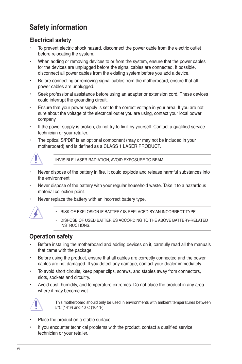 Safety information, Operation safety, Electrical safety | Asus P5G41-M SI/VGA User Manual | Page 6 / 44