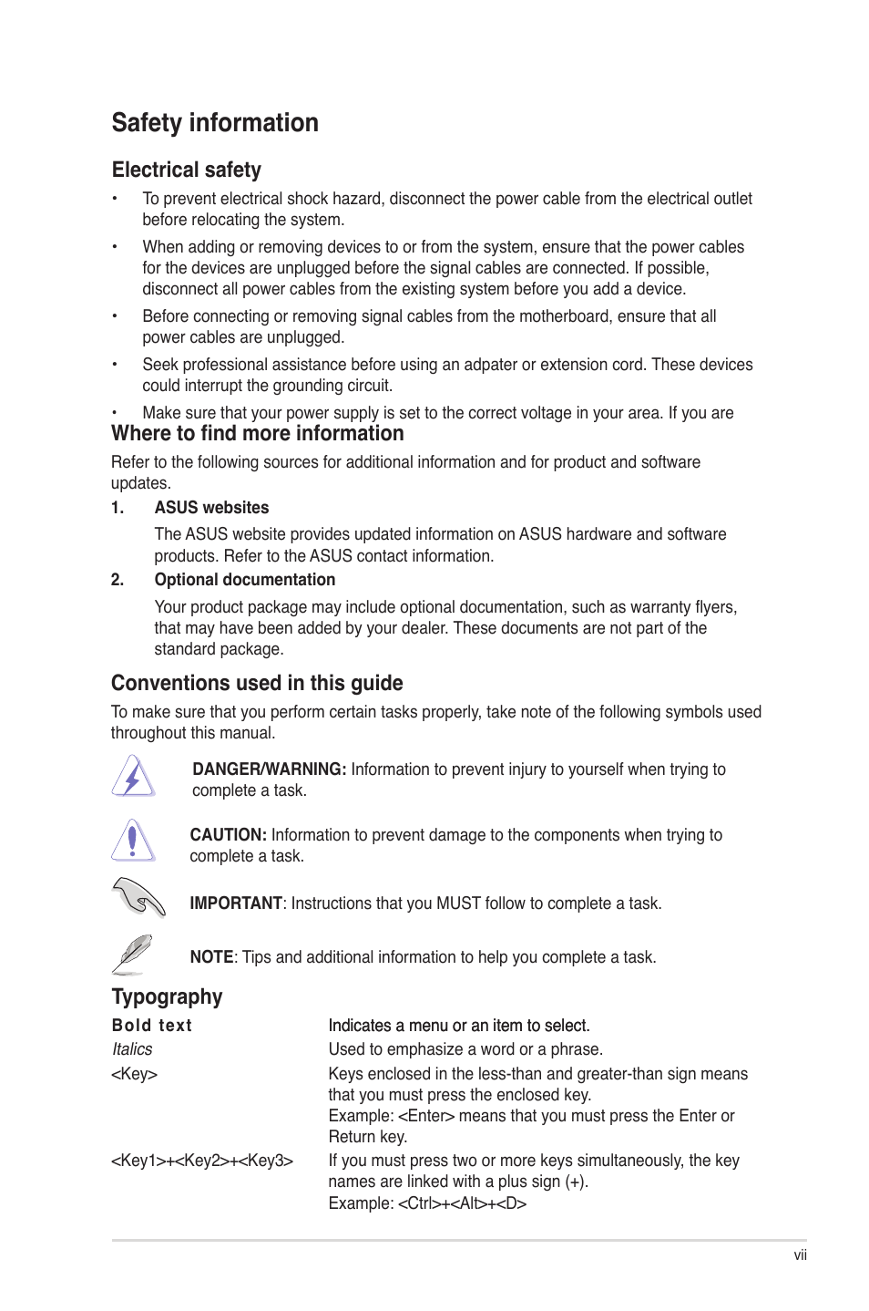 Safety information, Where to find more information, Conventions used in this guide | Typography, Electrical safety | Asus P5G41-M SI/VGA User Manual | Page 7 / 44