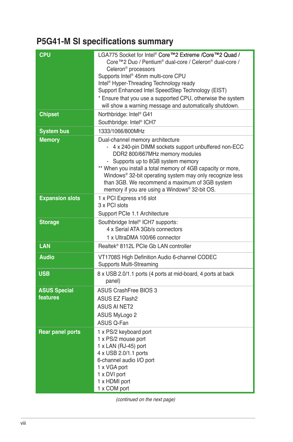 P5g41-m si specifications summary | Asus P5G41-M SI/VGA User Manual | Page 8 / 44