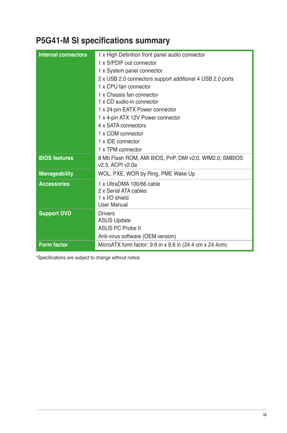 P5g41-m si specifications summary | Asus P5G41-M SI/VGA User Manual | Page 9 / 44