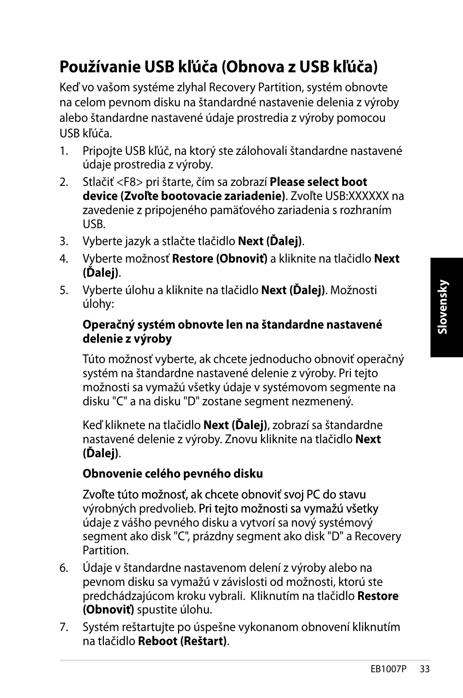 Používanie usb kľúča (obnova z usb kľúča) | Asus EB1007P User Manual | Page 101 / 136