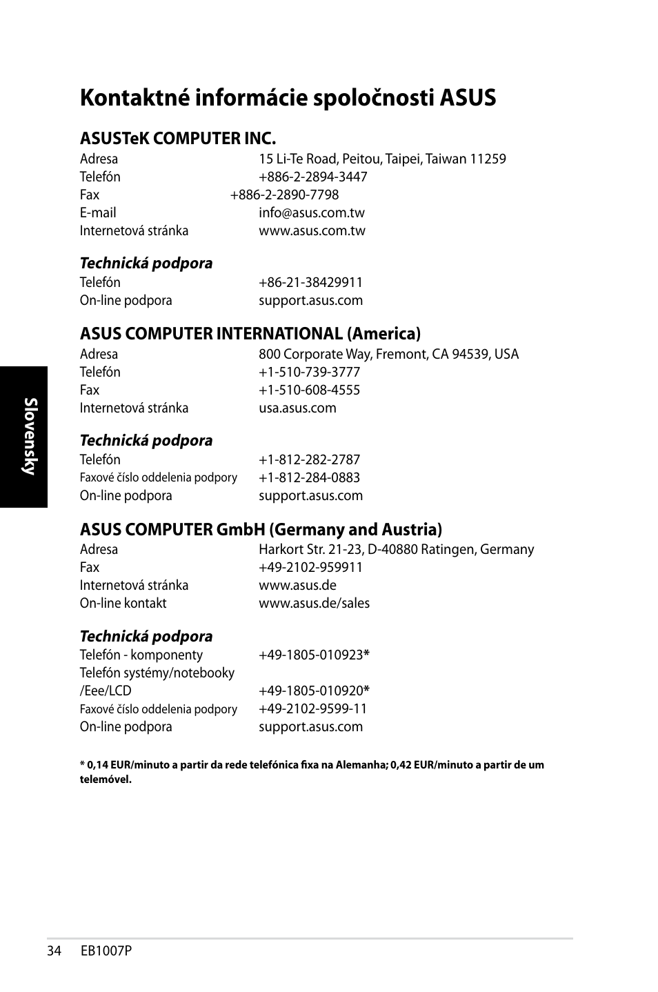 Kontaktné informácie spoločnosti asus, Slo vensk y slo vensk y, Asustek computer inc | Asus computer international (america), Asus computer gmbh (germany and austria) | Asus EB1007P User Manual | Page 102 / 136