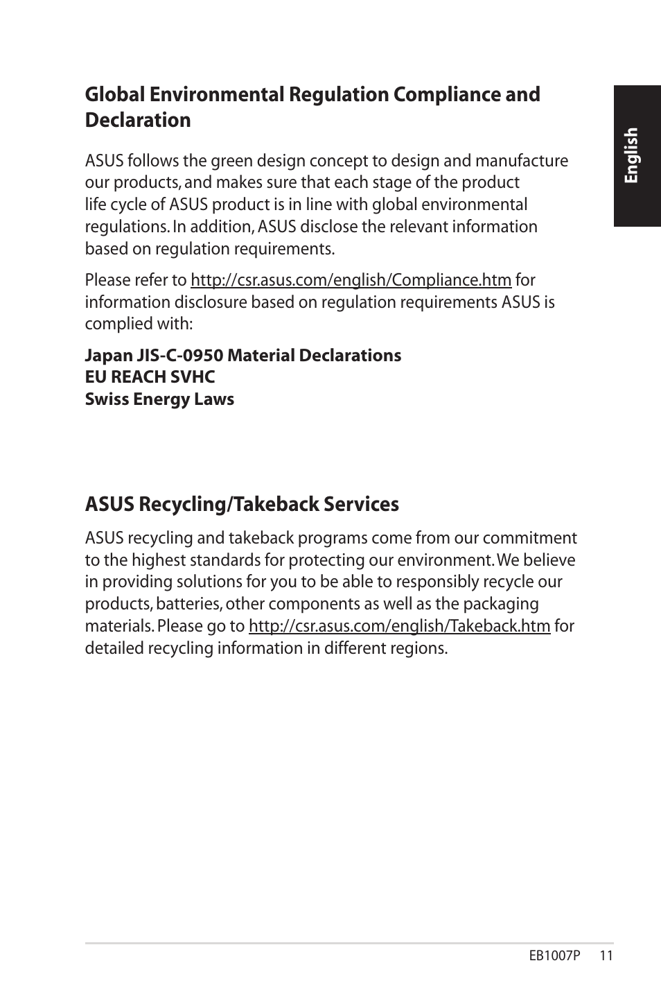 Asus recycling/takeback services | Asus EB1007P User Manual | Page 11 / 136