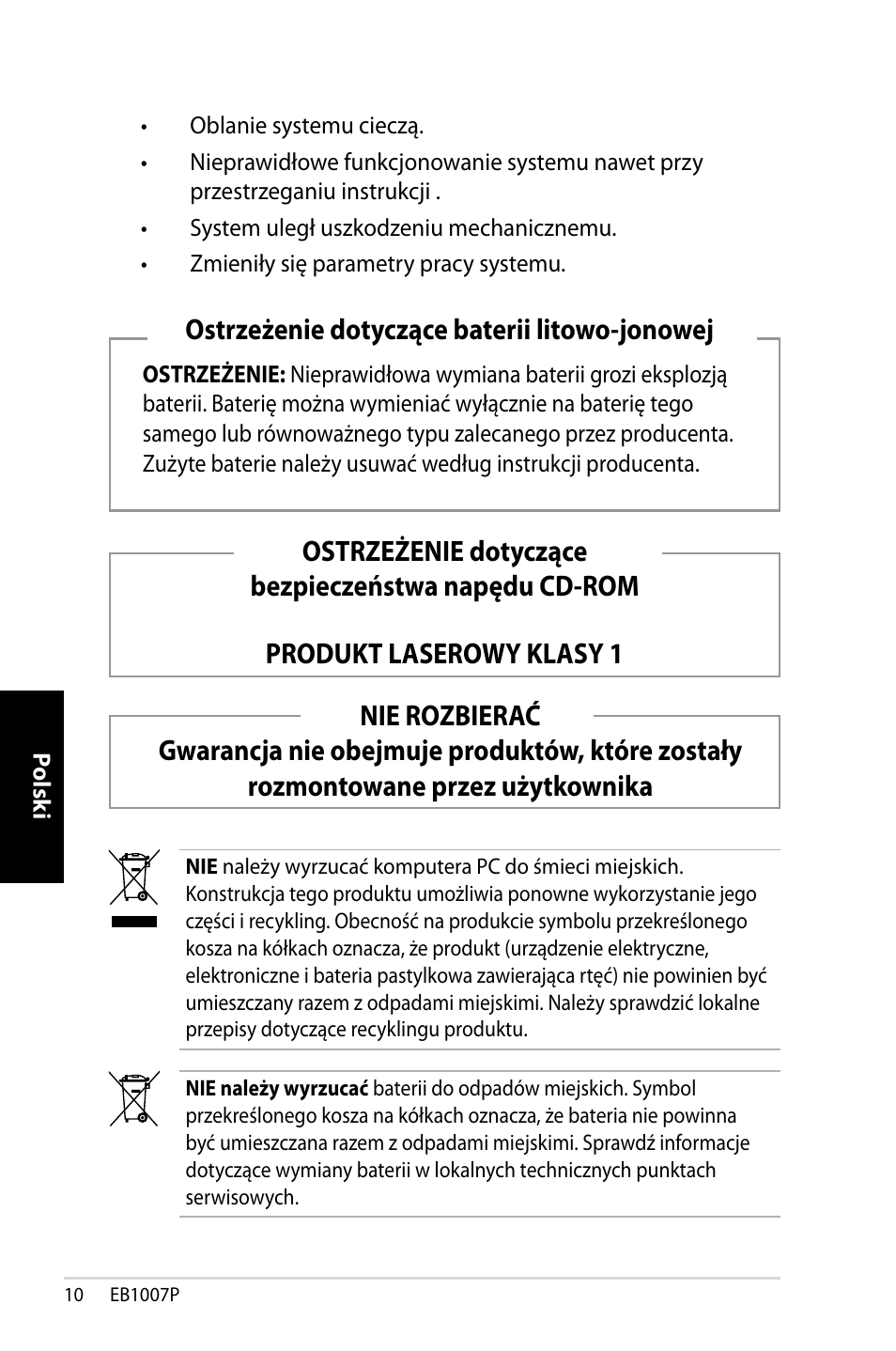 Ostrzeżenie dotyczące baterii litowo-jonowej | Asus EB1007P User Manual | Page 112 / 136