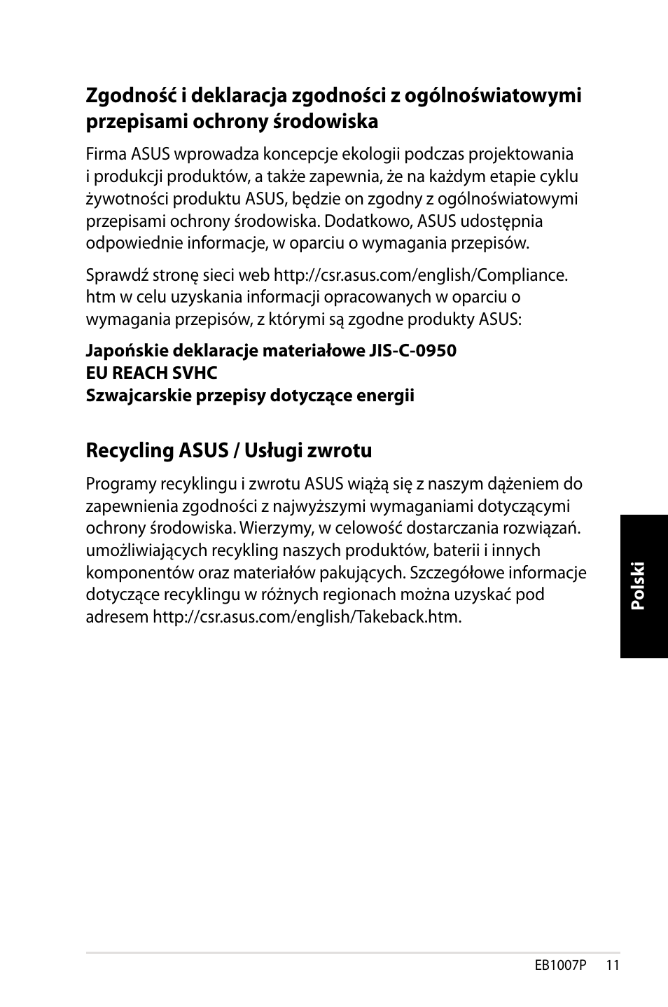 Recycling asus / usługi zwrotu, Zgodność i deklaracja zgodności z ogólnoświatowymi | Asus EB1007P User Manual | Page 113 / 136