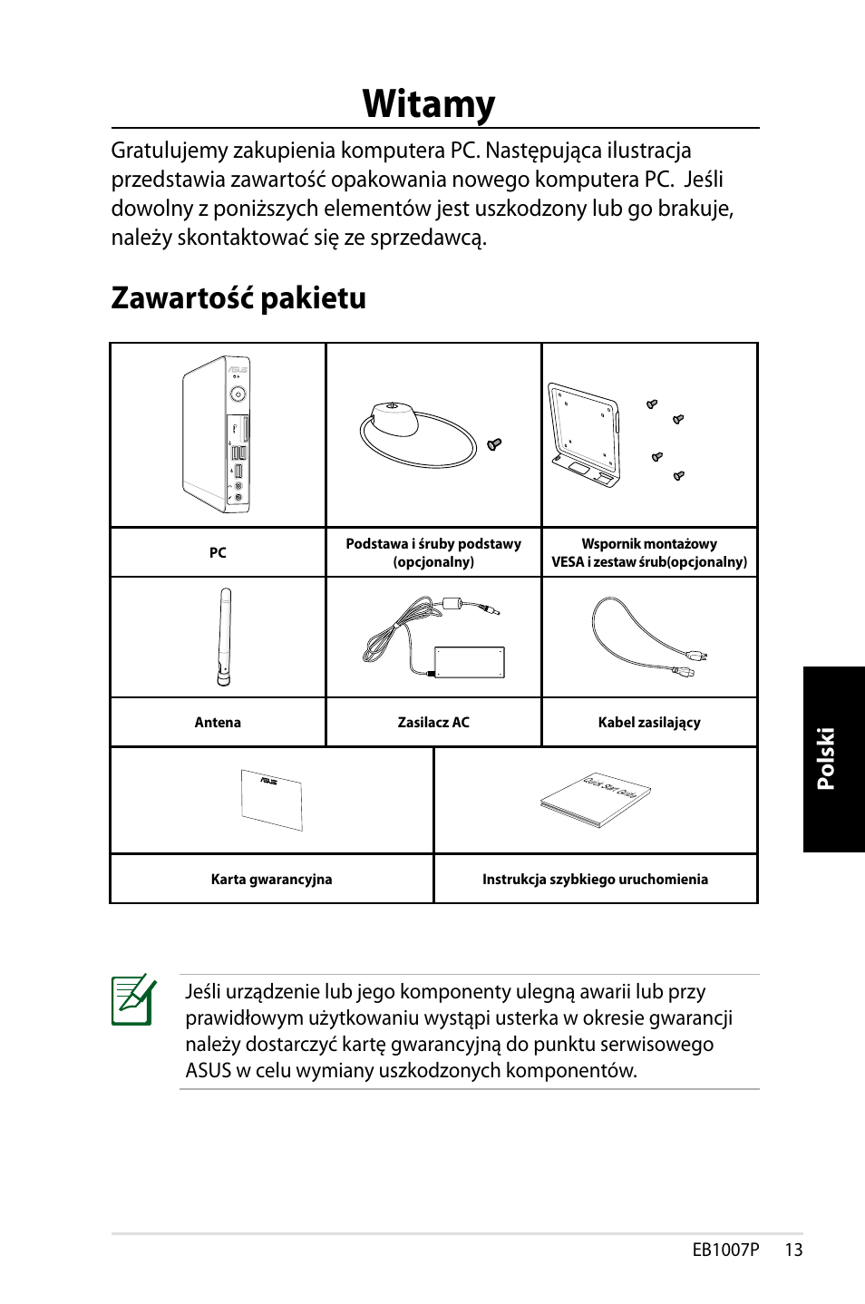 Witamy, Zawartość pakietu | Asus EB1007P User Manual | Page 115 / 136