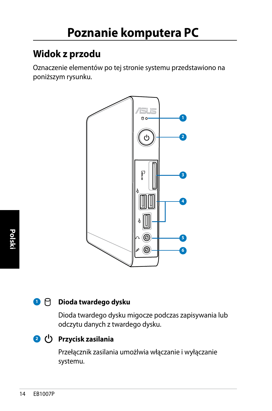 Poznanie komputera pc, Widok z przodu | Asus EB1007P User Manual | Page 116 / 136