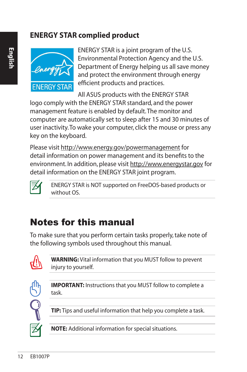 Energy star complied product, Notes for this manual | Asus EB1007P User Manual | Page 12 / 136